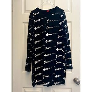Guess Sweater Mini Dress Women's Large Blue Long Sleeves All Over Logo Print Y2K